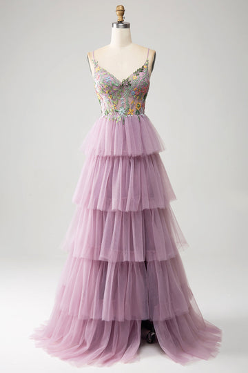 Malva A-Line Corsetto a balze abito lungo da ballo con appliques